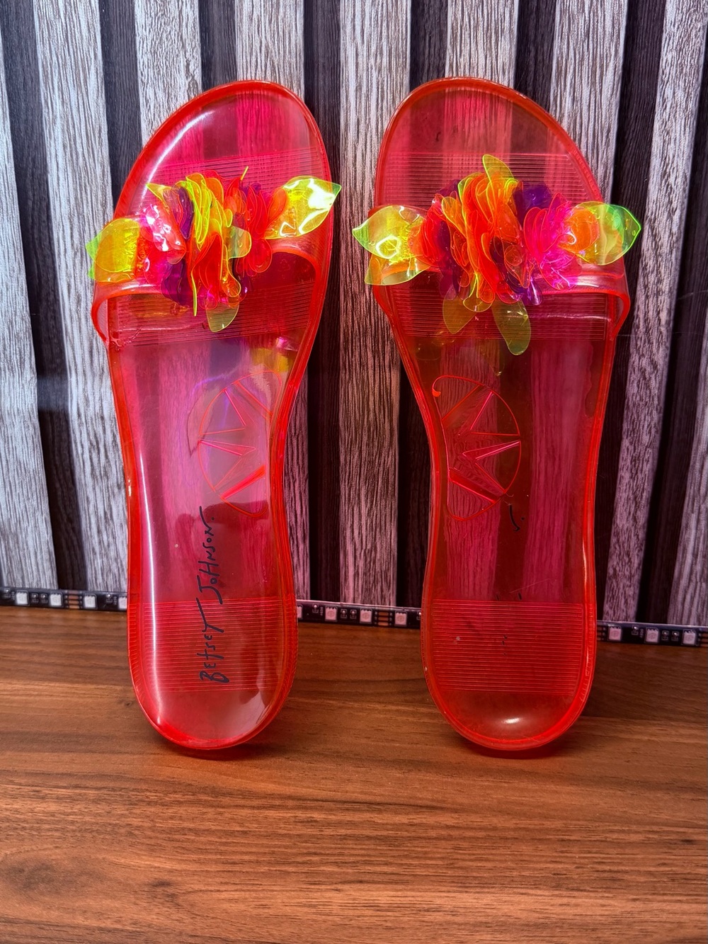 Women's Red Jelly Slide Sandals with Multicolor Floral Accents